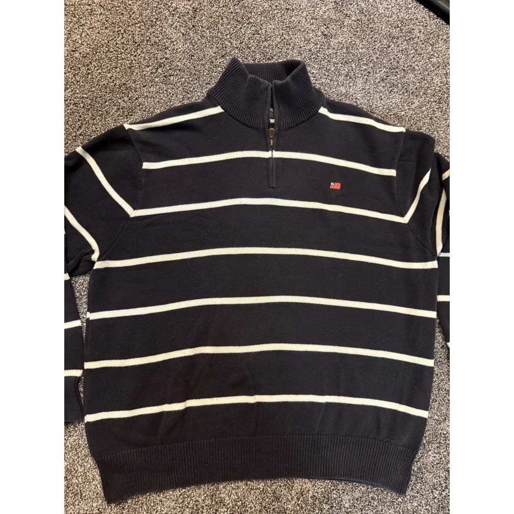 Polo Jeans Co Ralph Lauren Mens 3XL Navy Blue Striped Quarter Zip Sweater y2k